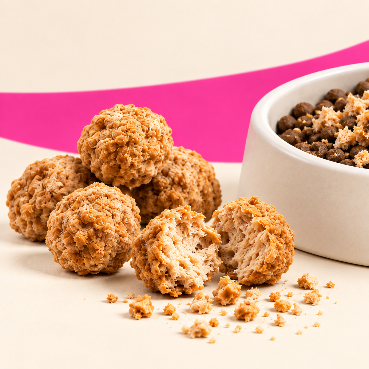 ROKI freeze-dried chicken meatballs shown whole, broken and crumbled beside a dog bowl
